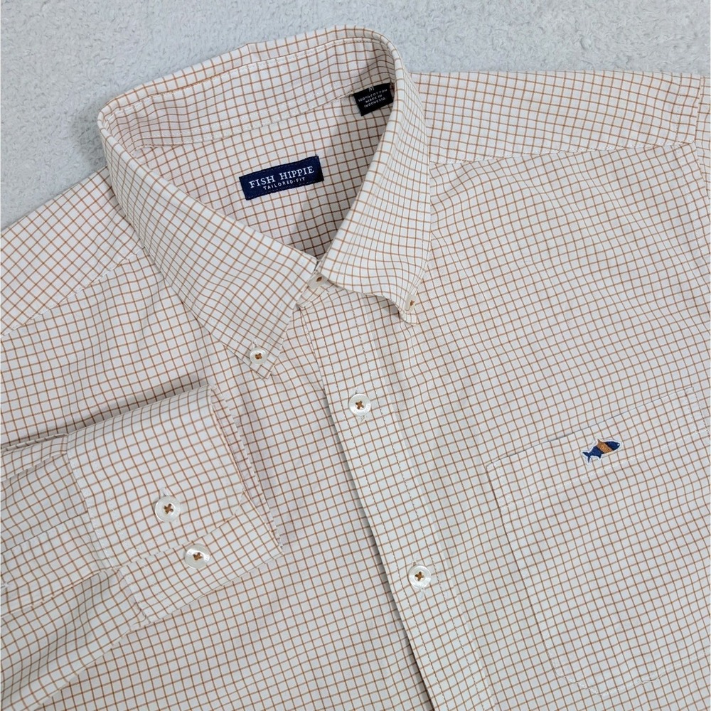 Fish Hippie Shirt Mens Large Orange Grid Check Button Up Long Sleeve Logo